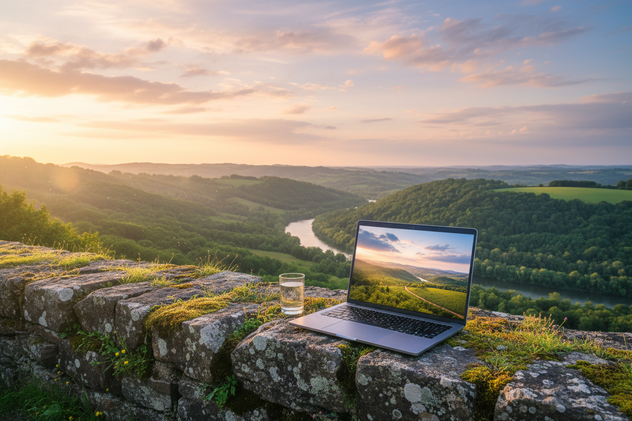 Imagen de un paisaje hermoso con una laptop sobre un muro